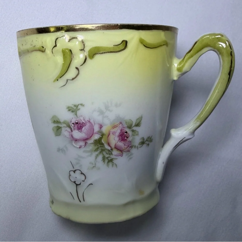 Antique Porcelain Prussia Style Hand-Painted Yellow & Green Rose Teacup & Saucer